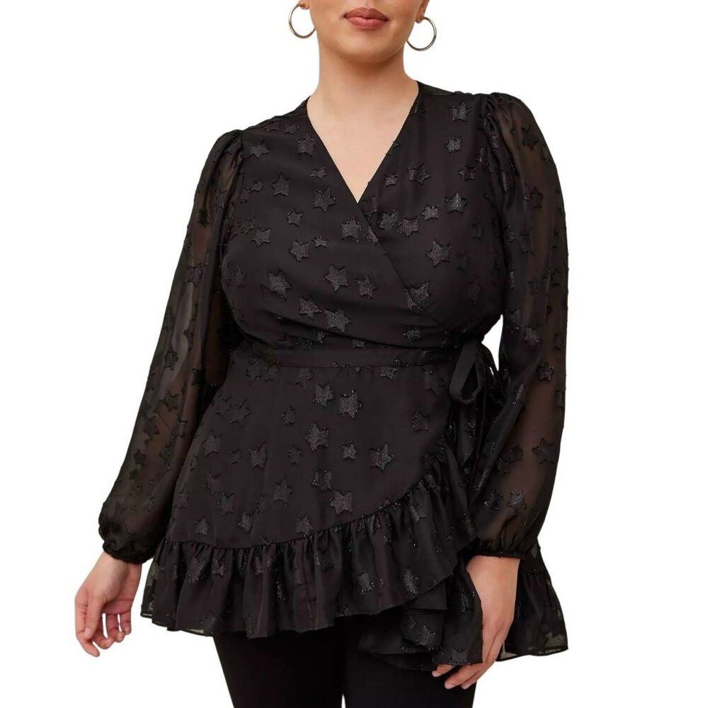 Torrid 2 Top Lurex Star Surplice Ruffle Hem Black Plus Size 2X V Neck Long Slv